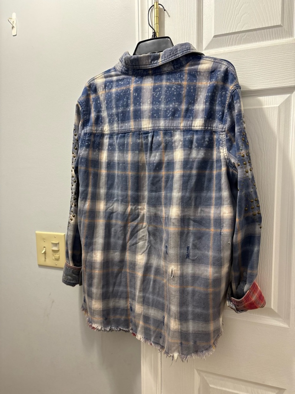 Free People Blue Deconstructed Plaid Denim Shirt Jacket Studded Zip Up - Picture 3 of 6